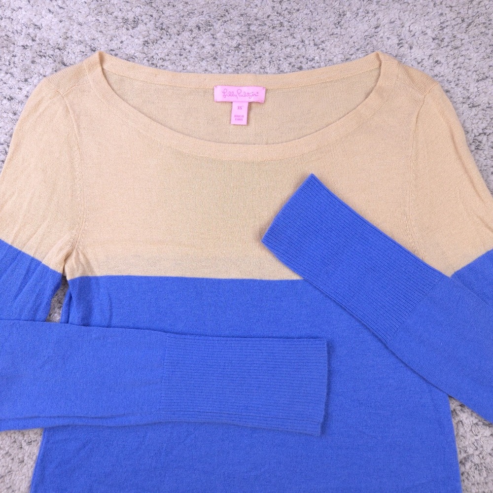 Lilly Pulitzer Sweater Womens XS Wool Blend Scoop Neck Blue Beige Pullover GUC - Picture 3 of 10